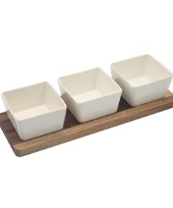 Set Of 3 Square Snack Dishes With Wood Tray 32cm